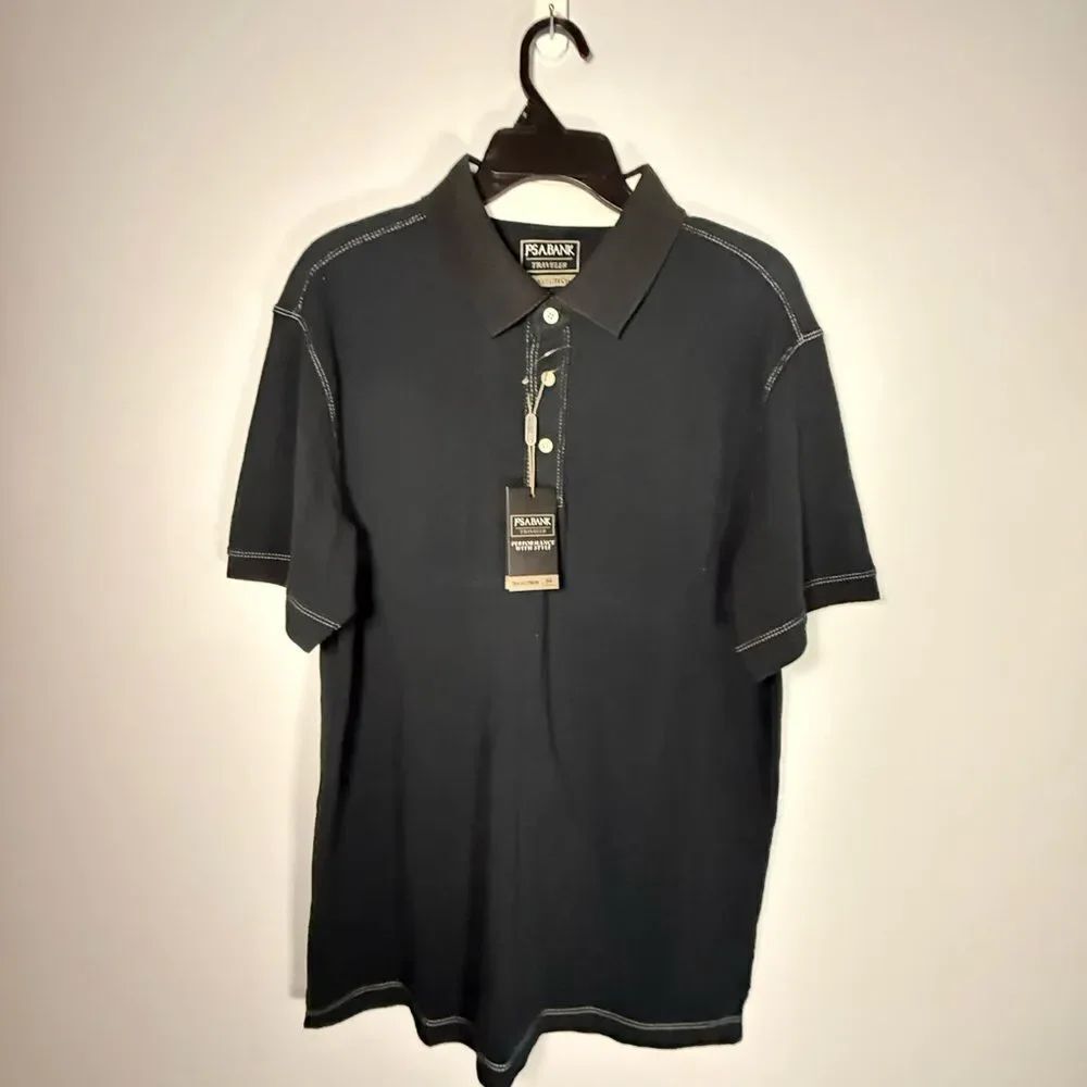 Jos A Bank Polo Shirt Mens Large Black Short Sleeve 1/4 Button Collared NWT